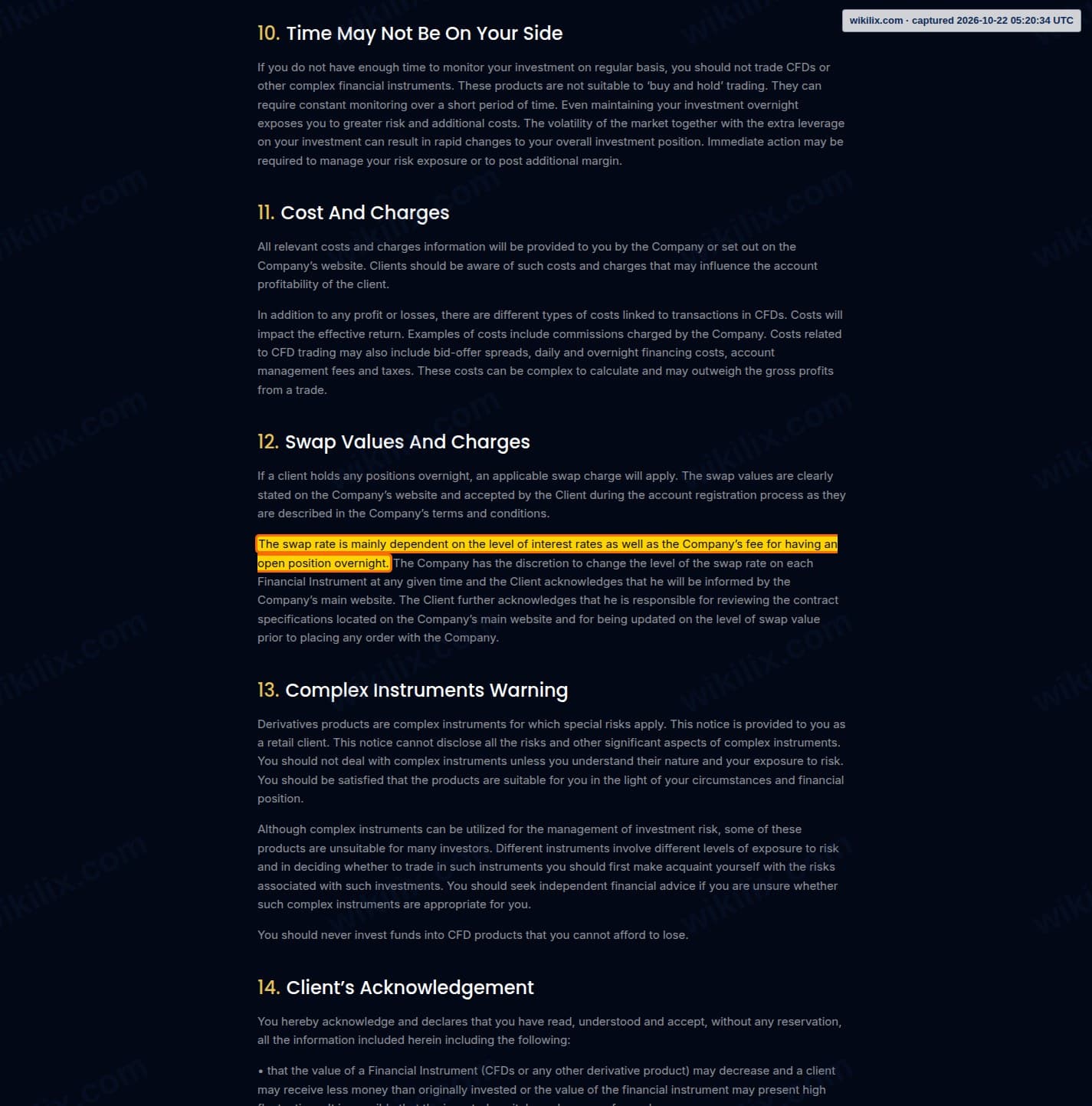 Our full page screenshot of the page this clause sits on, on AIMS's site aimsfx.com, taken on Oct 22, 2026. The quoted words are marked in the image.