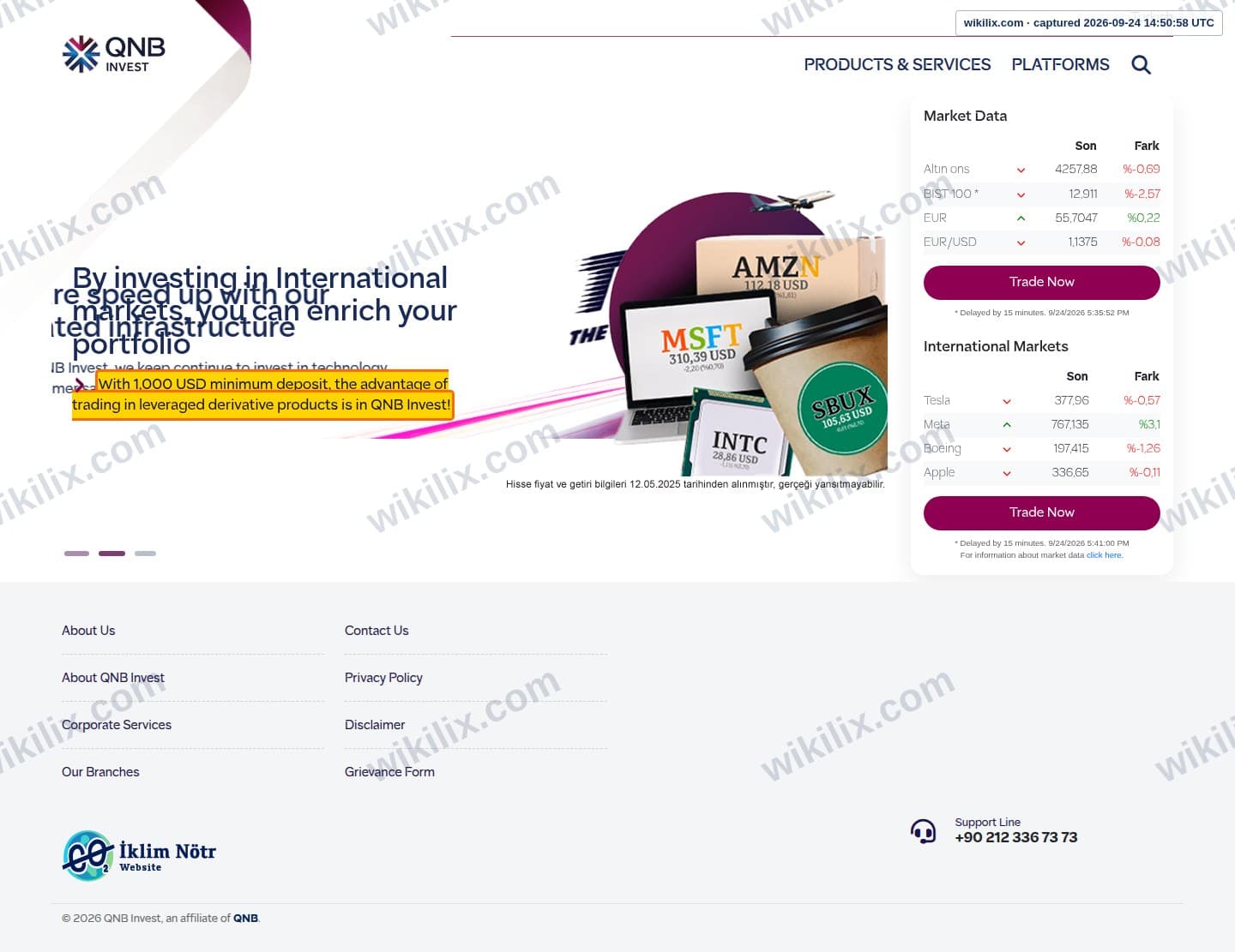 Our full page screenshot of the page that makes this promise, on QNB Invest's site qnbinvest.com.tr, taken on Sep 24, 2026. The quoted words are marked in the image.
