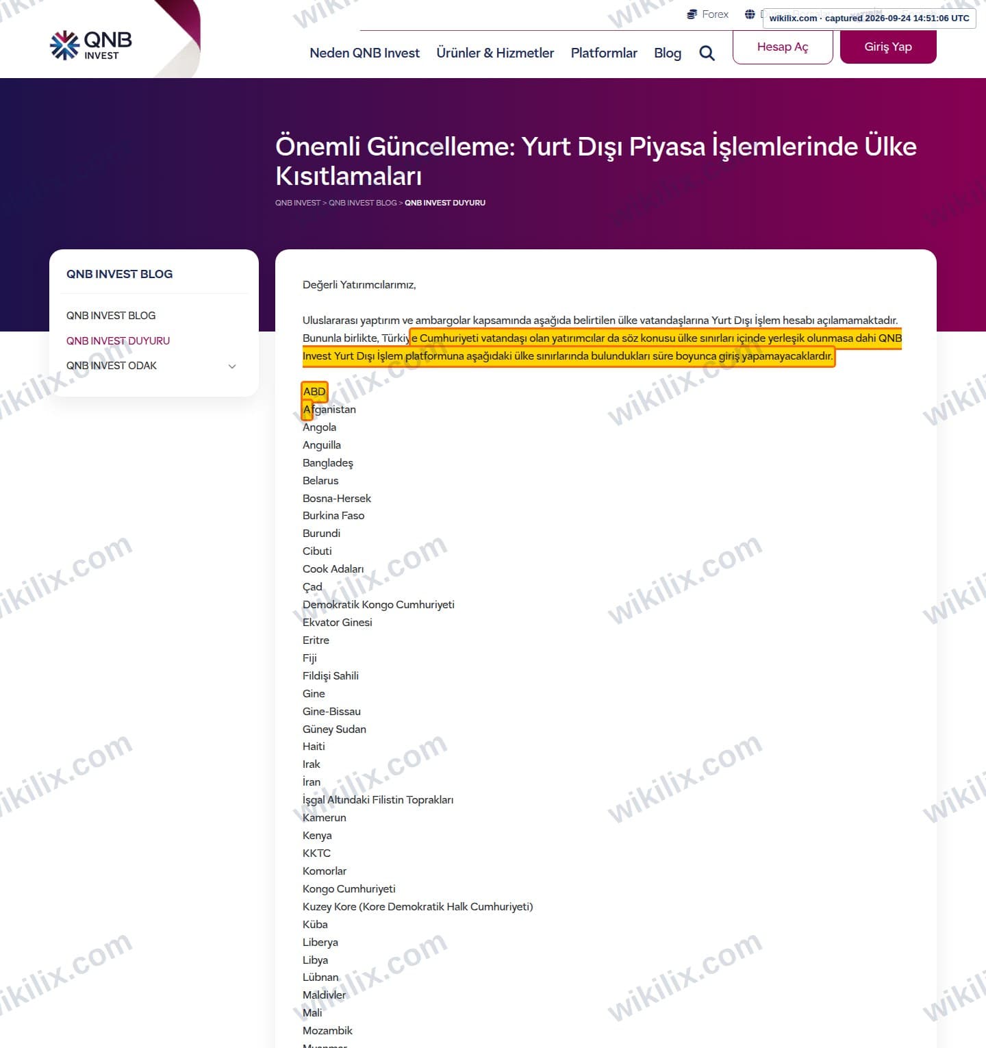 Our full page screenshot of the page this clause sits on, on QNB Invest's site qnbinvest.com.tr, taken on Sep 24, 2026. The quoted words are marked in the image.