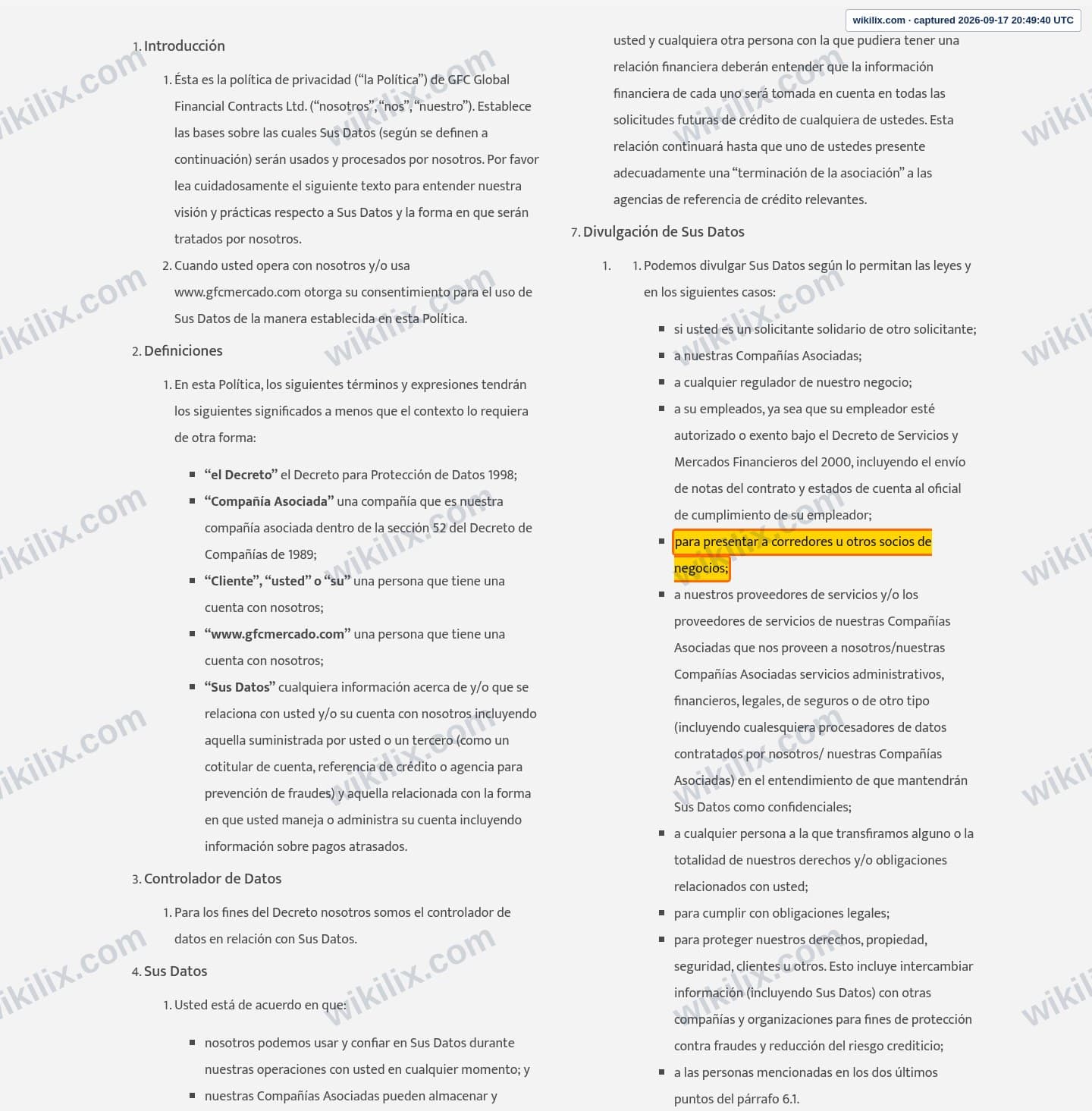 Our full page screenshot of the page this clause sits on, on GFC's site gfcmercado.com, taken on Sep 17, 2026. The quoted words are marked in the image.