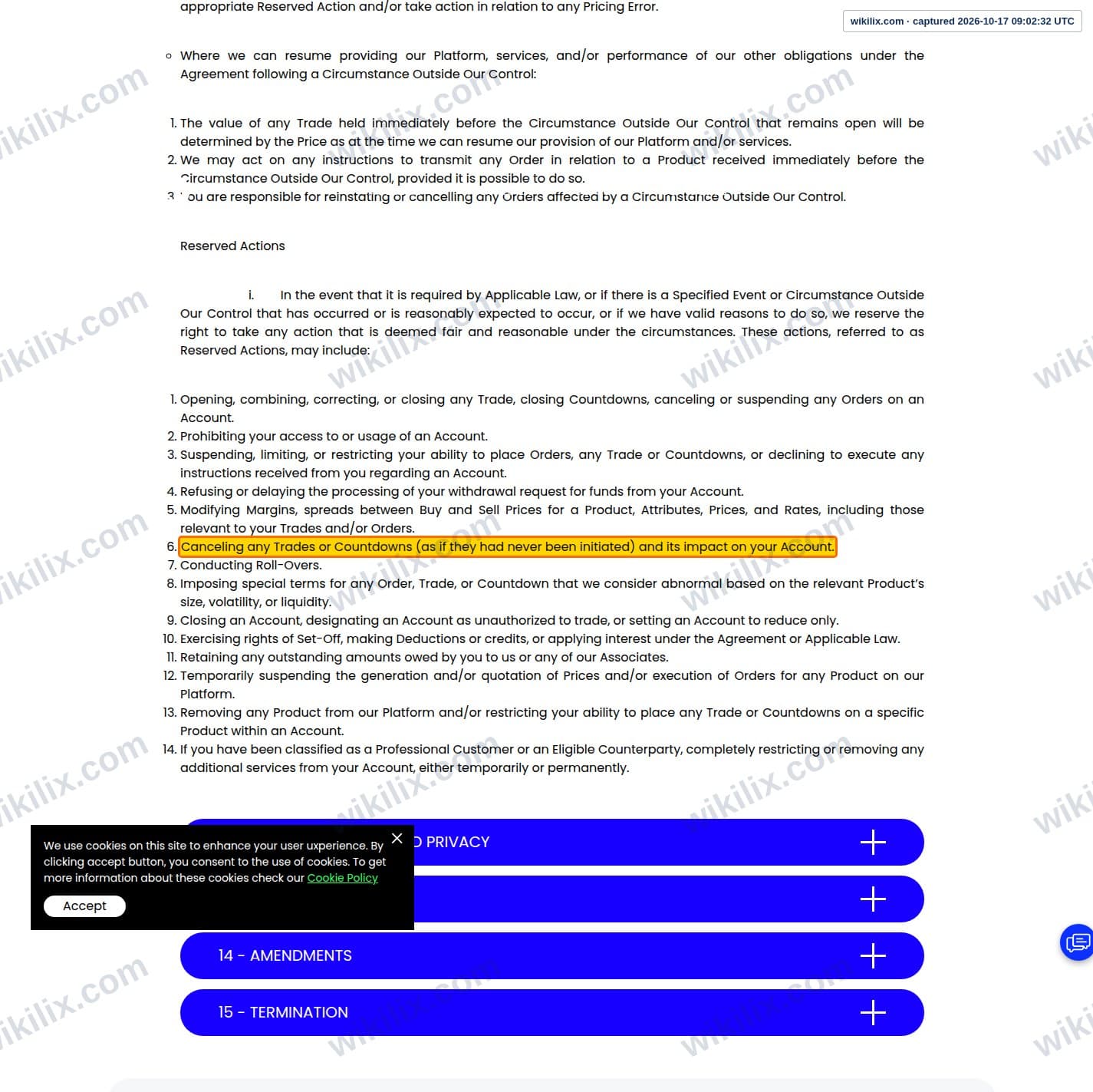 Our full page screenshot of the page this clause sits on, on FTD's site ftdsystem.com, taken on Oct 17, 2026. The quoted words are marked in the image.