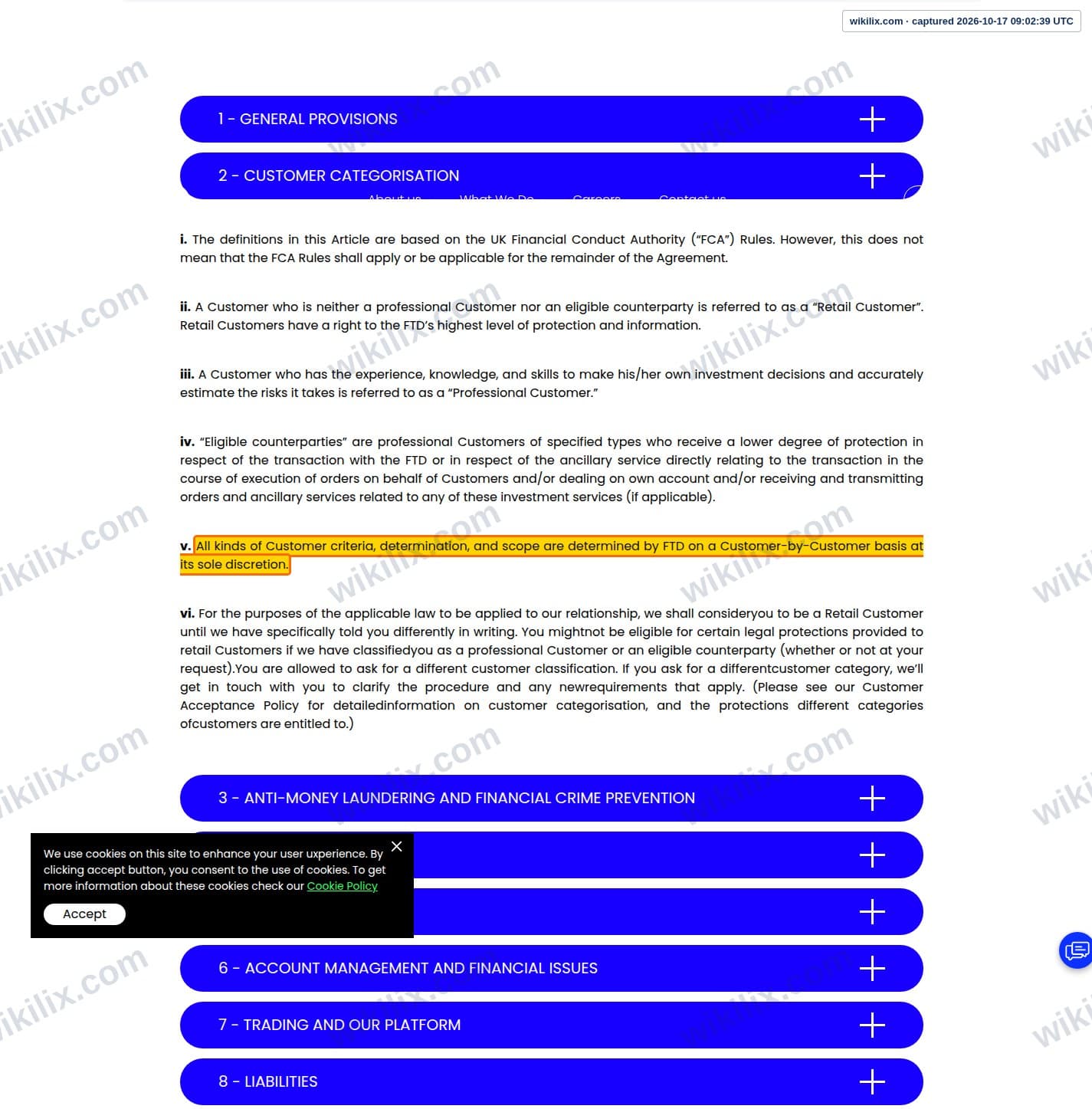 Our full page screenshot of the page this clause sits on, on FTD's site ftdsystem.com, taken on Oct 17, 2026. The quoted words are marked in the image.