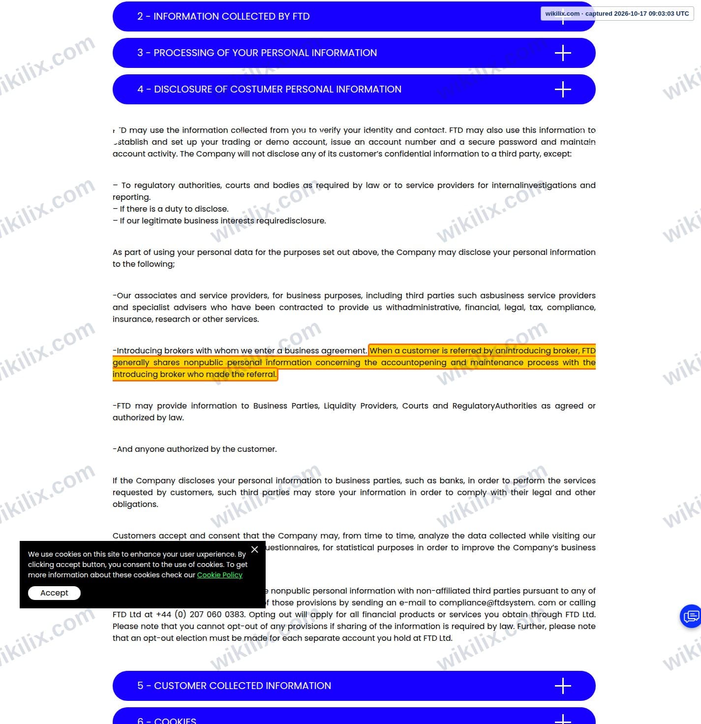 Our full page screenshot of the page this clause sits on, on FTD's site ftdsystem.com, taken on Oct 17, 2026. The quoted words are marked in the image.