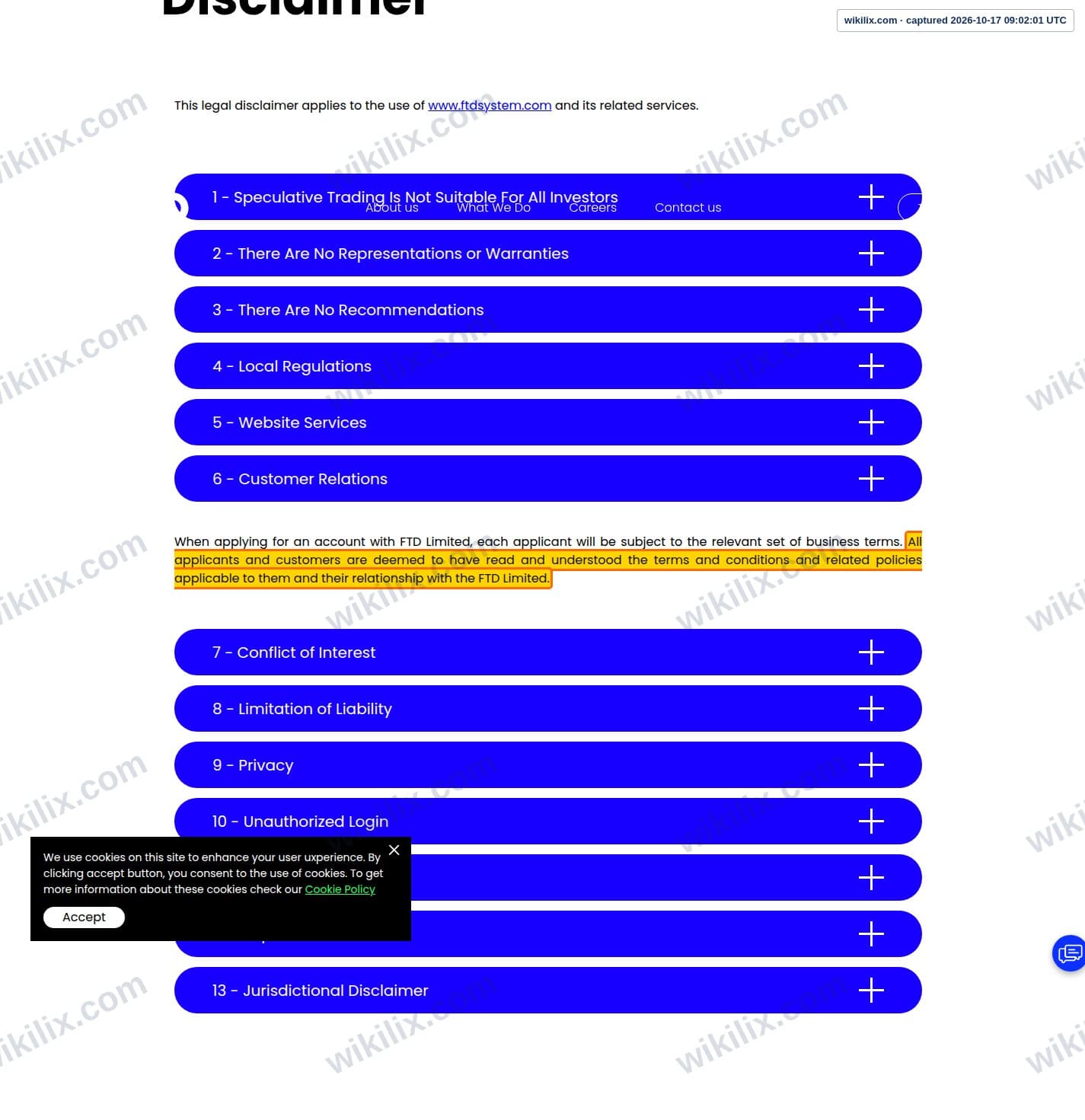 Our full page screenshot of the page this clause sits on, on FTD's site ftdsystem.com, taken on Oct 17, 2026. The quoted words are marked in the image.
