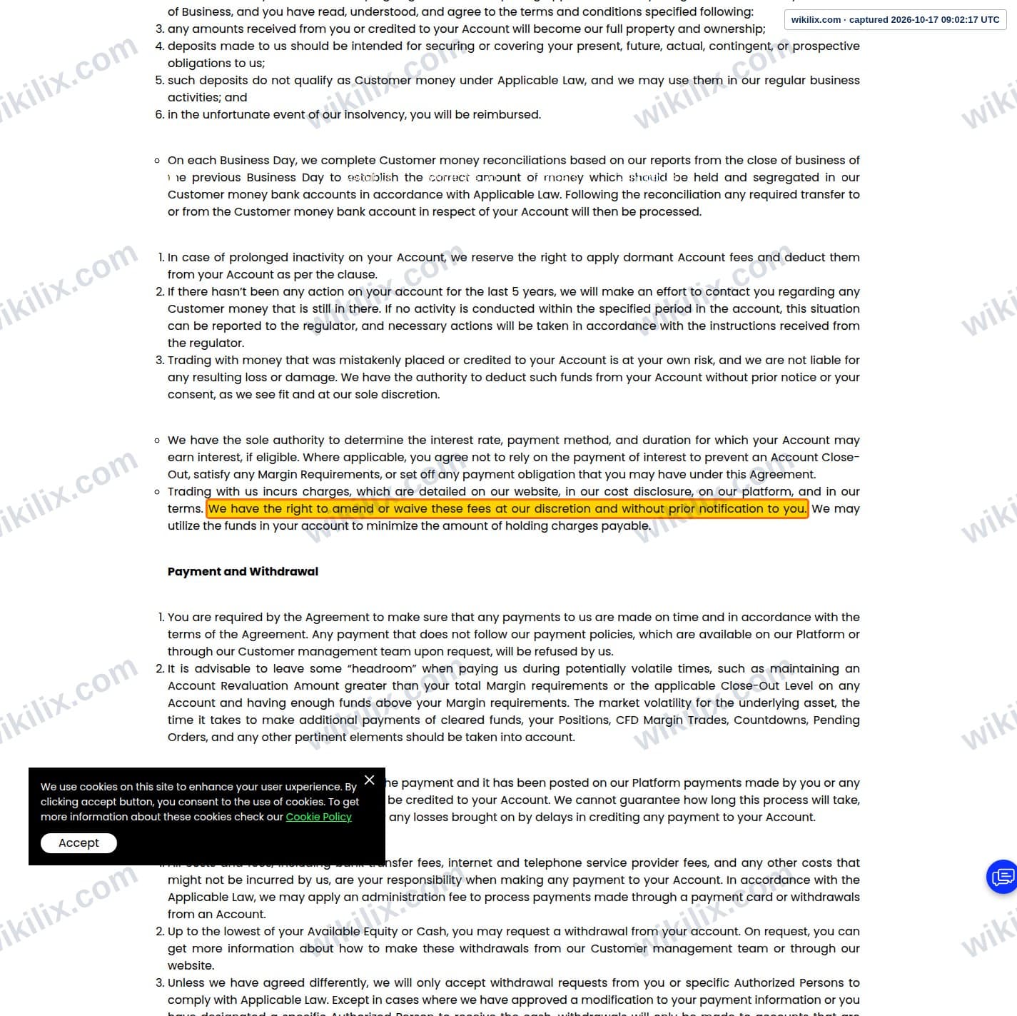 Our full page screenshot of the page this clause sits on, on FTD's site ftdsystem.com, taken on Oct 17, 2026. The quoted words are marked in the image.