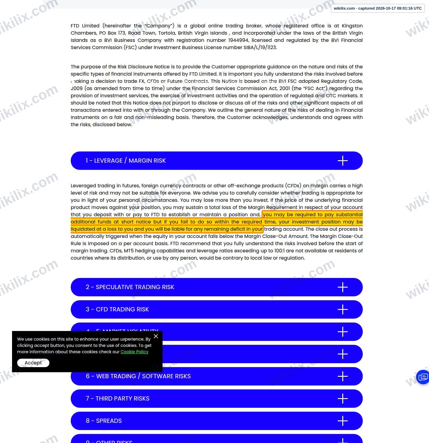 Our full page screenshot of the page this clause sits on, on FTD's site ftdsystem.com, taken on Oct 17, 2026. The quoted words are marked in the image.