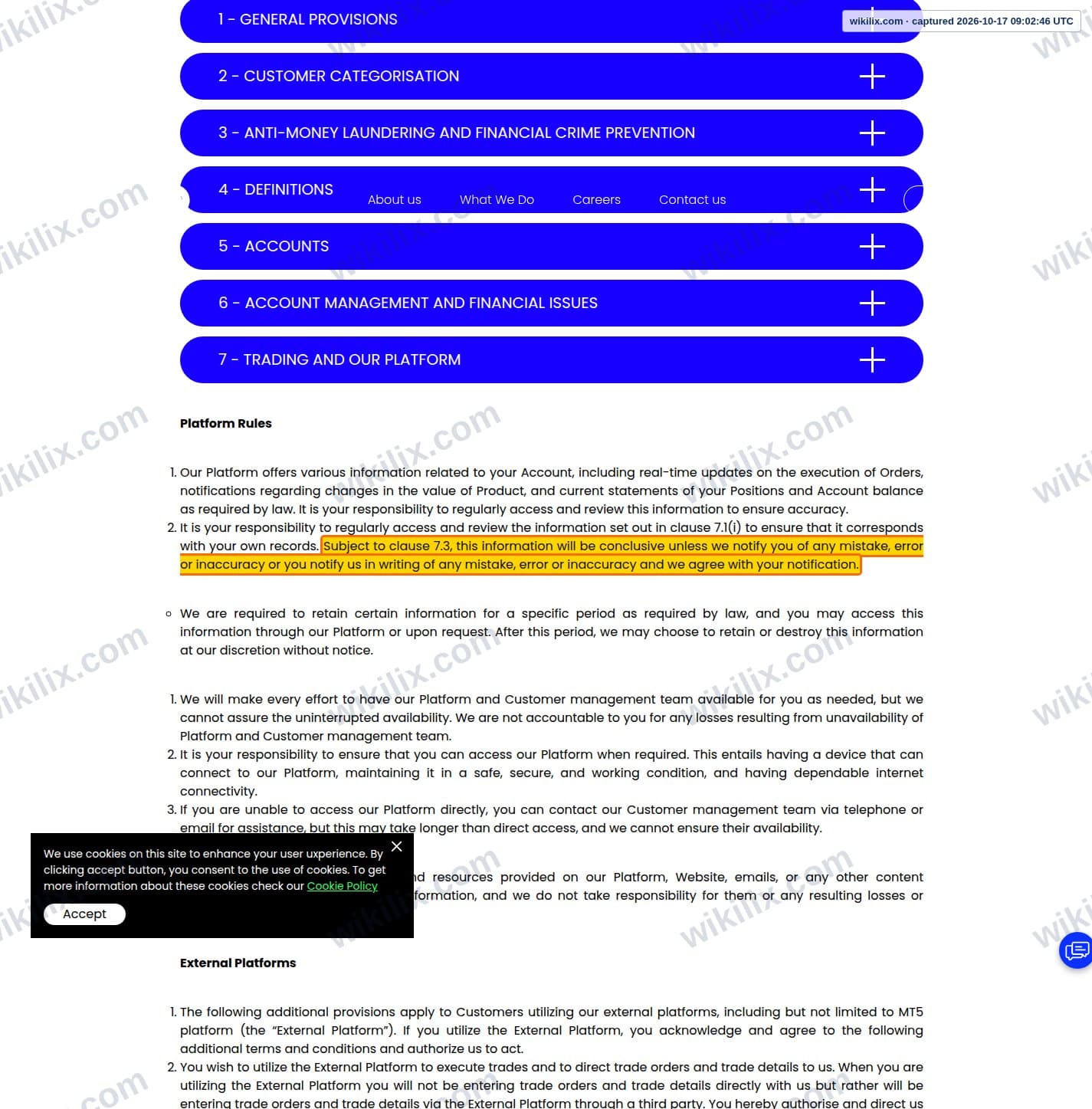 Our full page screenshot of the page this clause sits on, on FTD's site ftdsystem.com, taken on Oct 17, 2026. The quoted words are marked in the image.