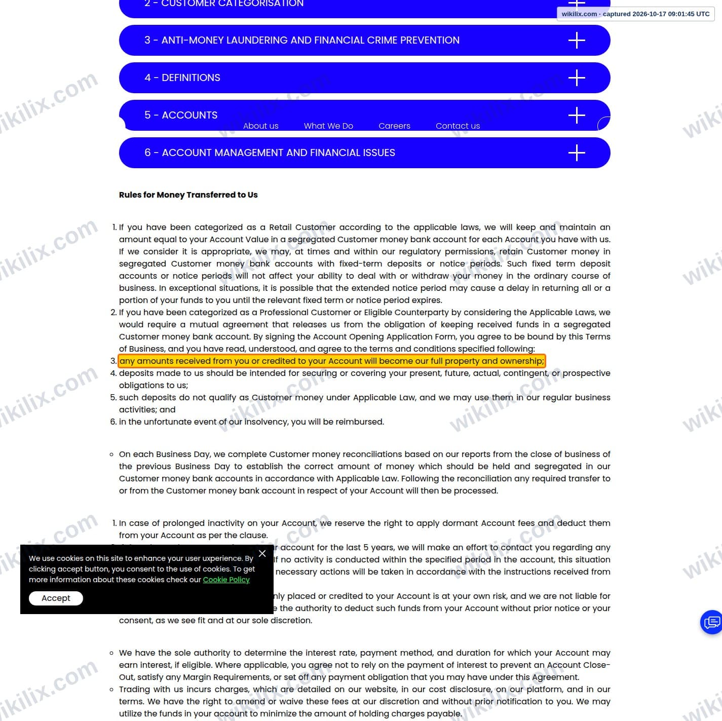 Our full page screenshot of the page this clause sits on, on FTD's site ftdsystem.com, taken on Oct 17, 2026. The quoted words are marked in the image.