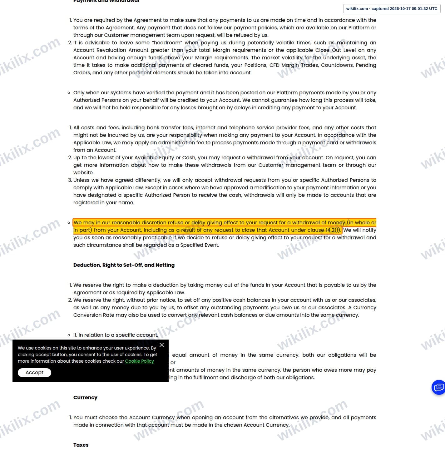 Our full page screenshot of the page this clause sits on, on FTD's site ftdsystem.com, taken on Oct 17, 2026. The quoted words are marked in the image.