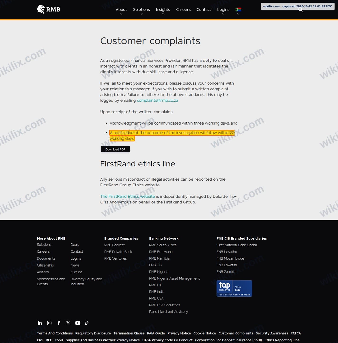Our full page screenshot of the page that makes this promise, on RMB's site rmb.co.za, taken on Oct 15, 2026. The quoted words are marked in the image.