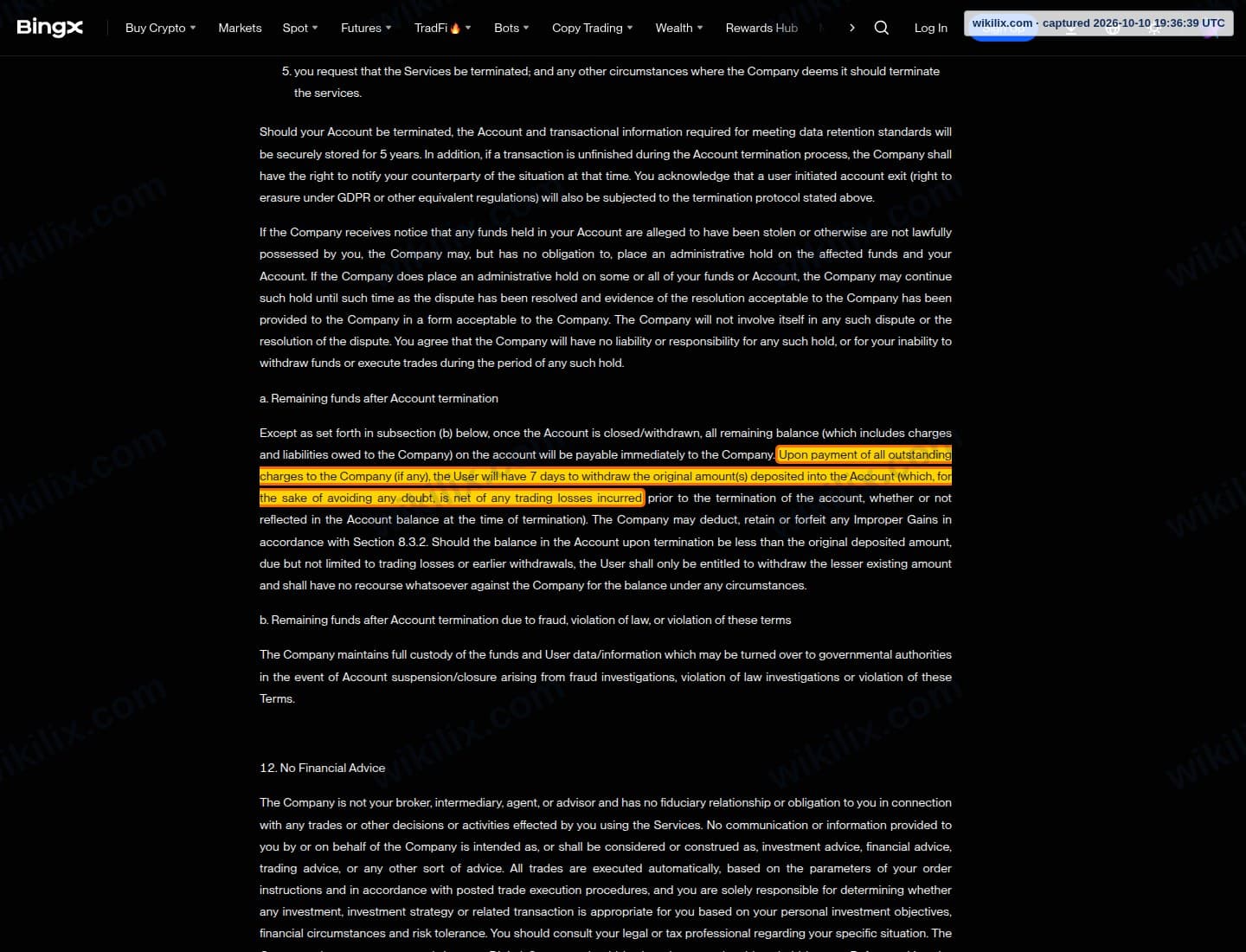Our full page screenshot of the page this clause sits on, on BingX's site bingx.com, taken on Oct 10, 2026. The quoted words are marked in the image.