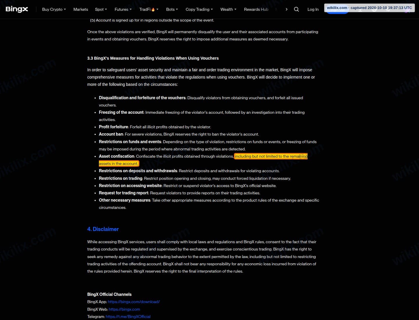 Our full page screenshot of the page this clause sits on, on BingX's site bingx.com, taken on Oct 10, 2026. The quoted words are marked in the image.