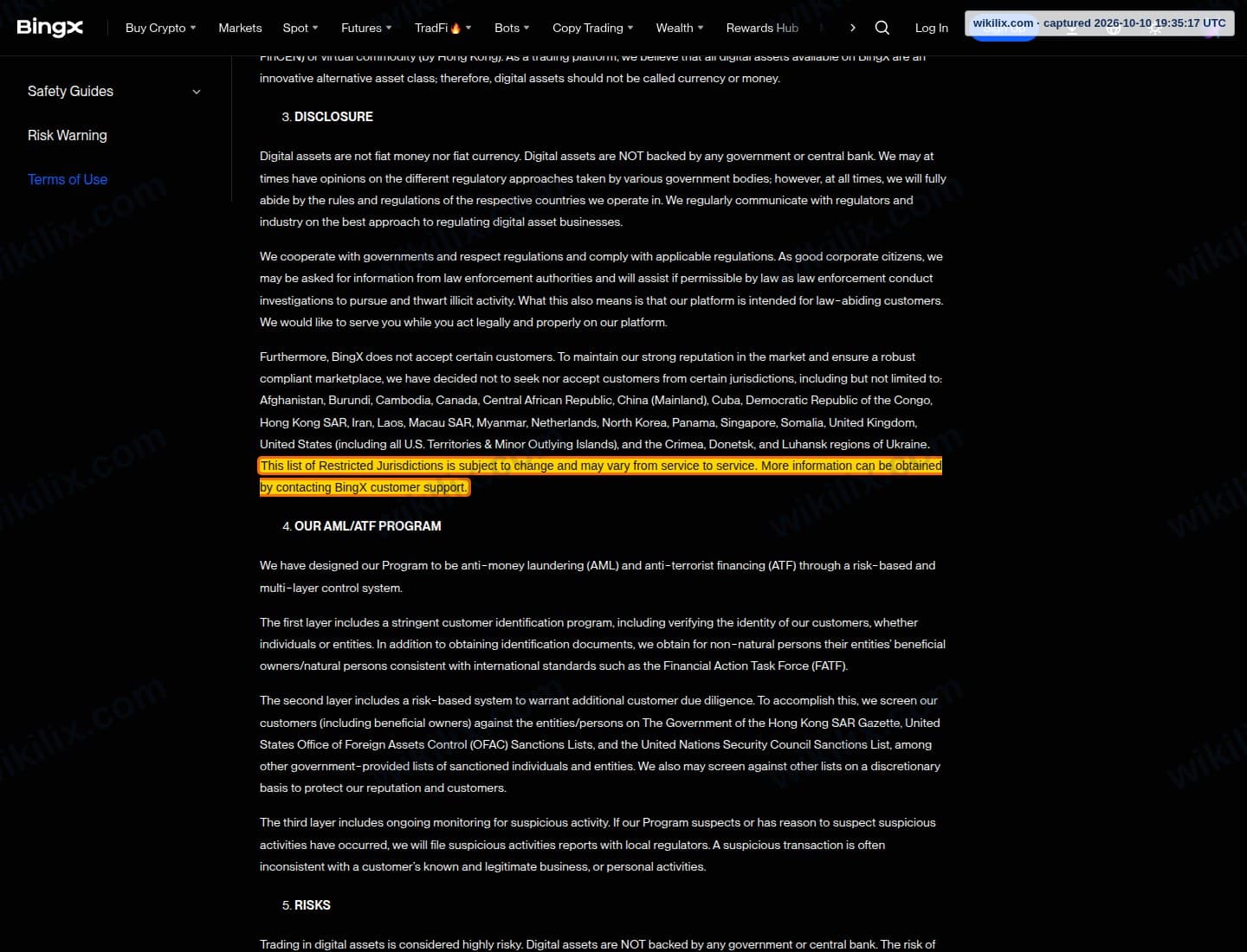 Our full page screenshot of the page this clause sits on, on BingX's site bingx.com, taken on Oct 10, 2026. The quoted words are marked in the image.