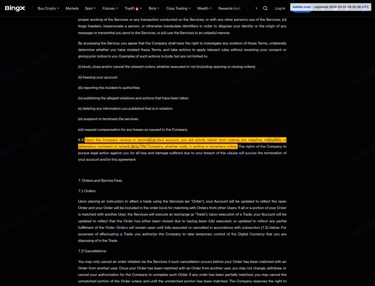 Our full page screenshot of the page this clause sits on, on BingX's site bingx.com, taken on Oct 10, 2026. The quoted words are marked in the image.