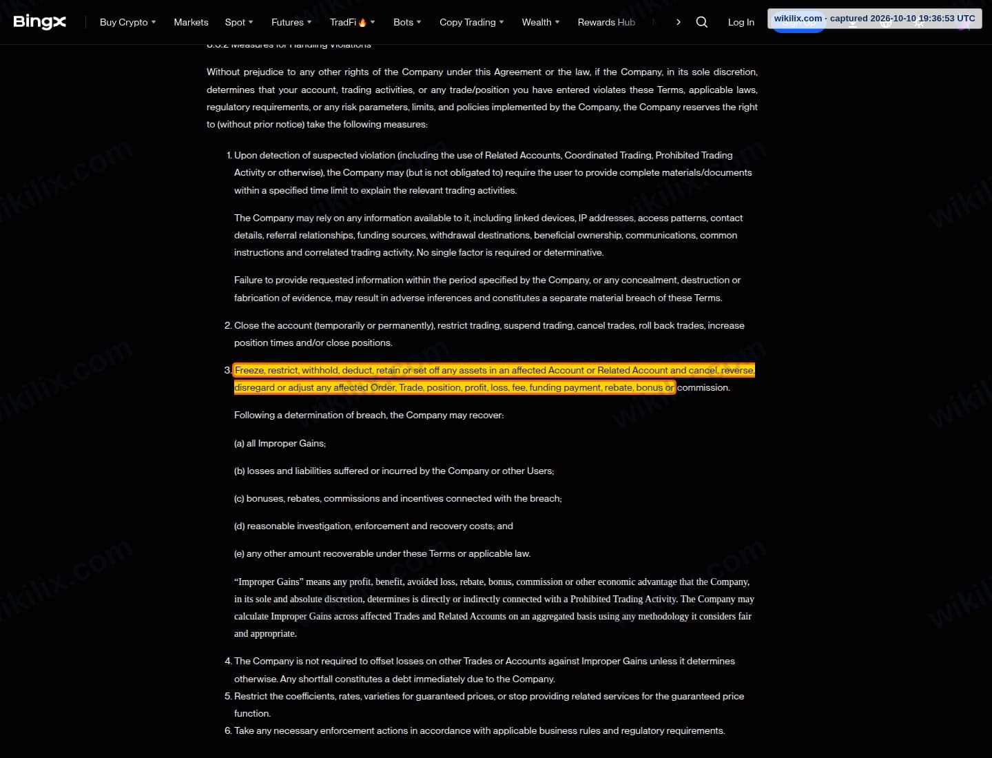 Our full page screenshot of the page this clause sits on, on BingX's site bingx.com, taken on Oct 10, 2026. The quoted words are marked in the image.