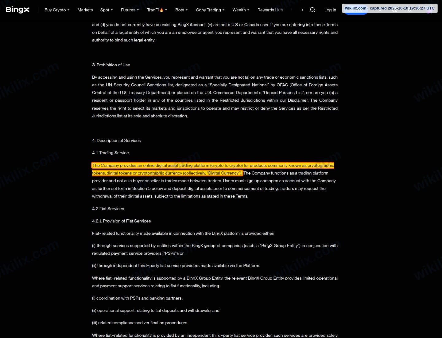 Our full page screenshot of the page this clause sits on, on BingX's site bingx.com, taken on Oct 10, 2026. The quoted words are marked in the image.