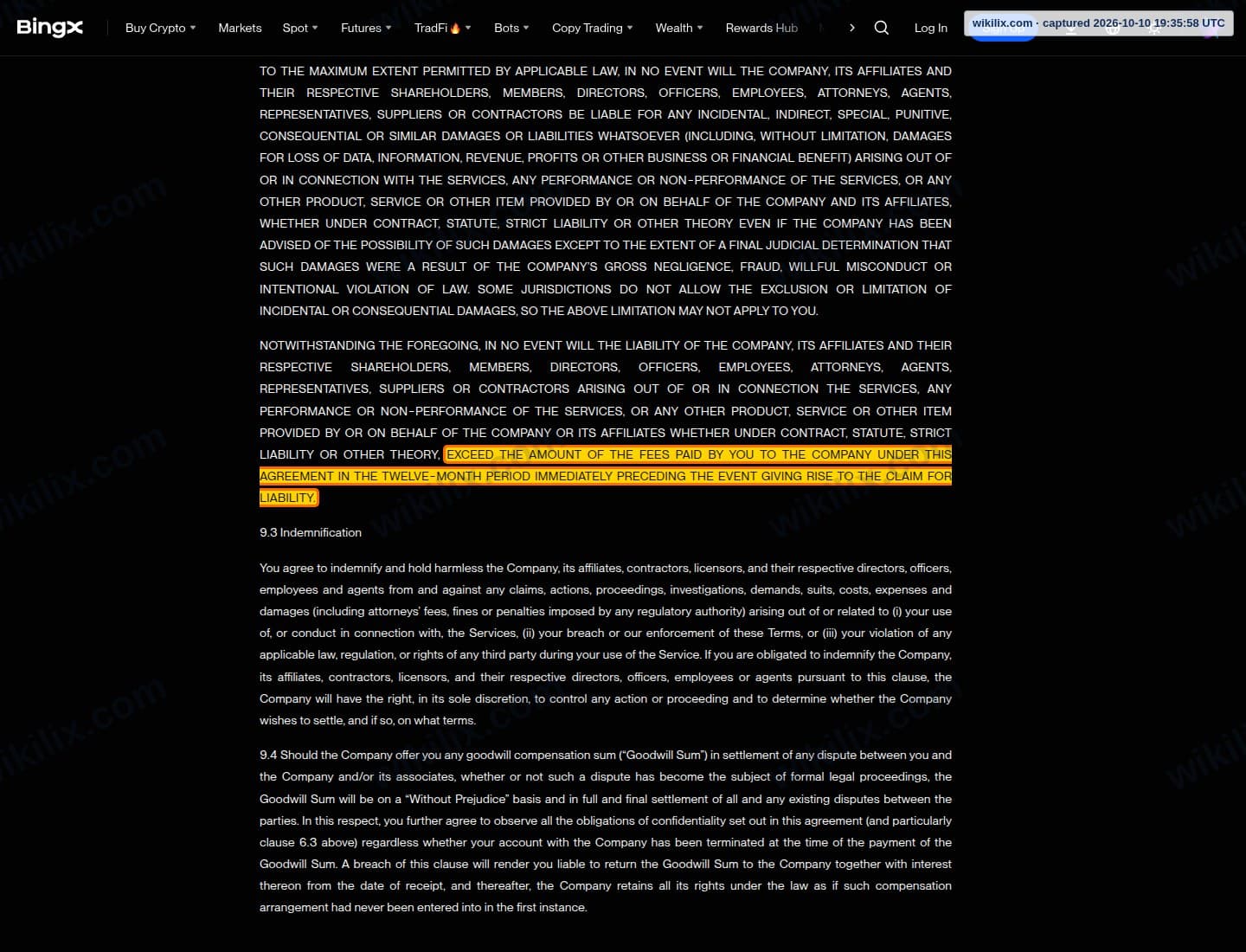 Our full page screenshot of the page this clause sits on, on BingX's site bingx.com, taken on Oct 10, 2026. The quoted words are marked in the image.
