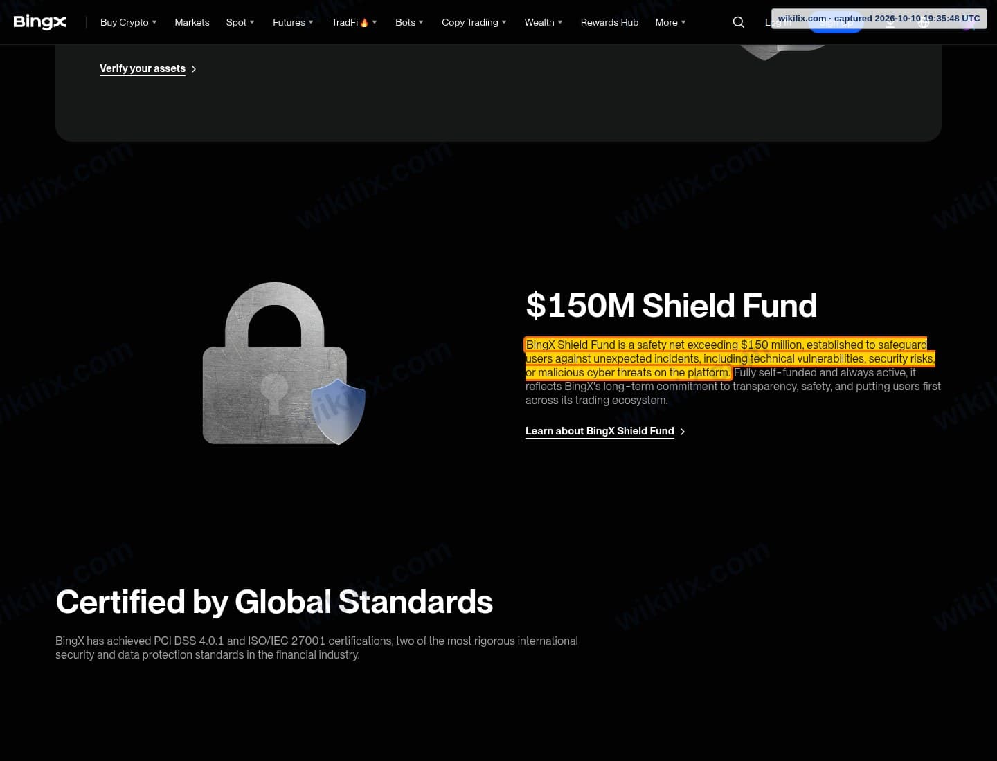Our full page screenshot of the page that makes this promise, on BingX's site bingx.com, taken on Oct 10, 2026. The quoted words are marked in the image.