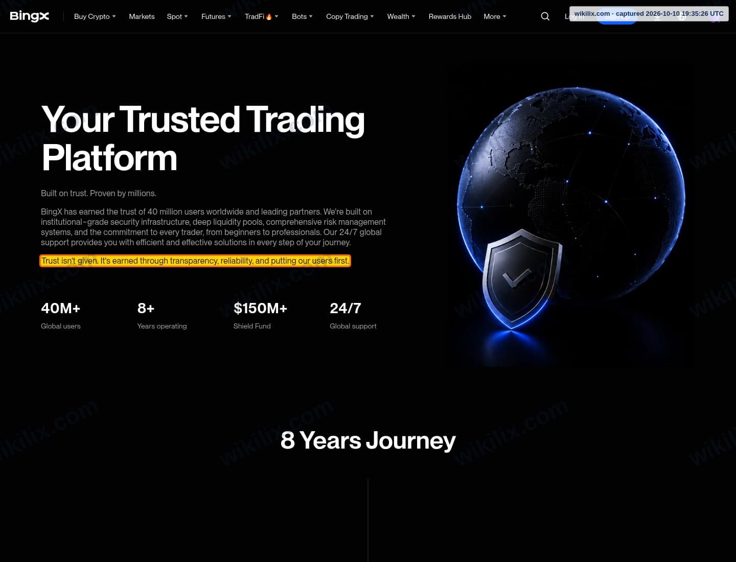 Our full page screenshot of the page that makes this promise, on BingX's site bingx.com, taken on Oct 10, 2026. The quoted words are marked in the image.
