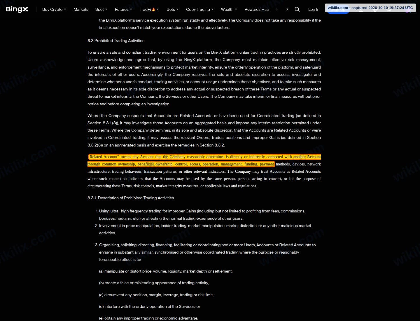 Our full page screenshot of the page this clause sits on, on BingX's site bingx.com, taken on Oct 10, 2026. The quoted words are marked in the image.