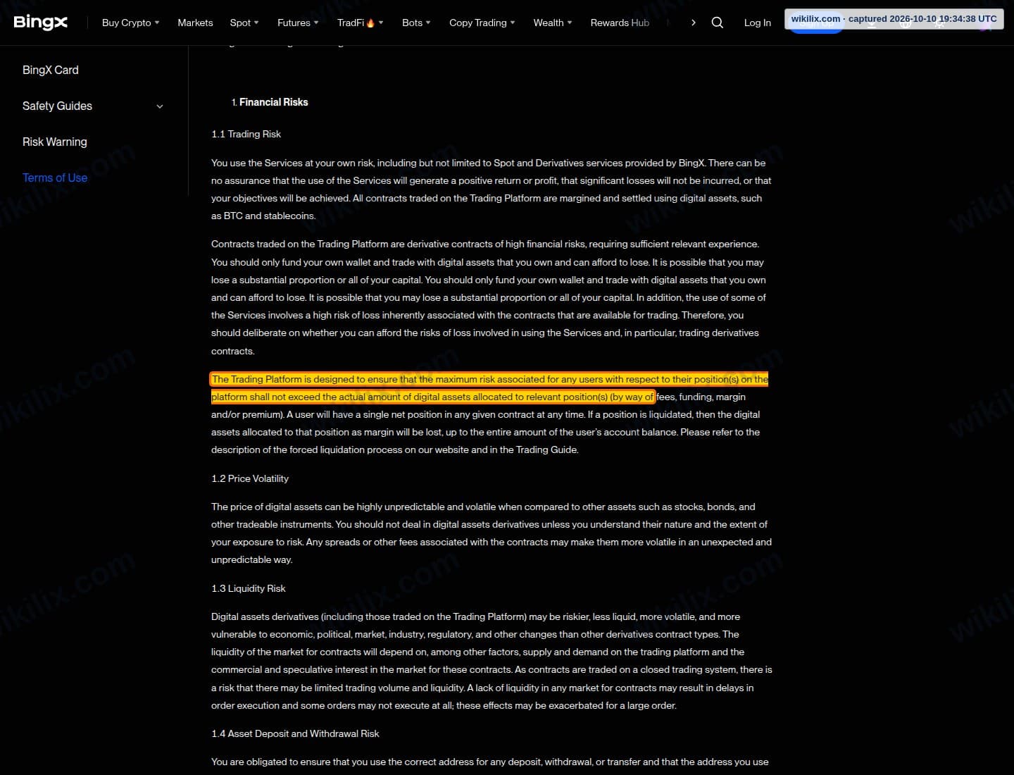 Our full page screenshot of the page that makes this promise, on BingX's site bingx.com, taken on Oct 10, 2026. The quoted words are marked in the image.