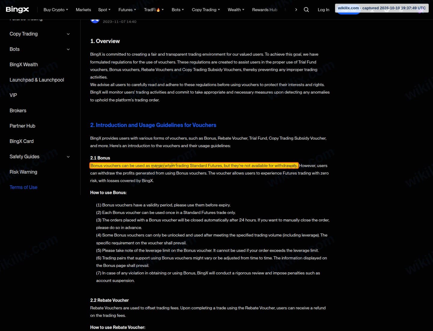 Our full page screenshot of the page this clause sits on, on BingX's site bingx.com, taken on Oct 10, 2026. The quoted words are marked in the image.