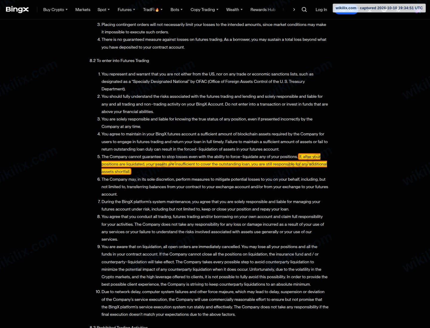 Our full page screenshot of the page this clause sits on, on BingX's site bingx.com, taken on Oct 10, 2026. The quoted words are marked in the image.