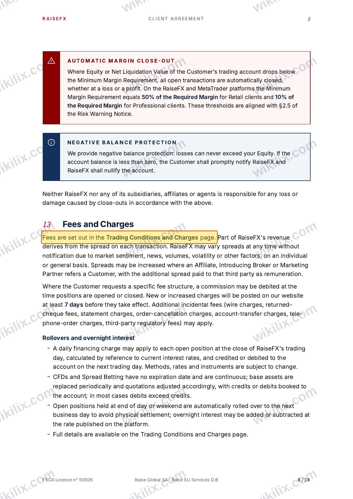 Our full page screenshot of the page this clause sits on, on RaiseFX's site raisefx.com, taken on Aug 24, 2026. The quoted words are marked in the image.