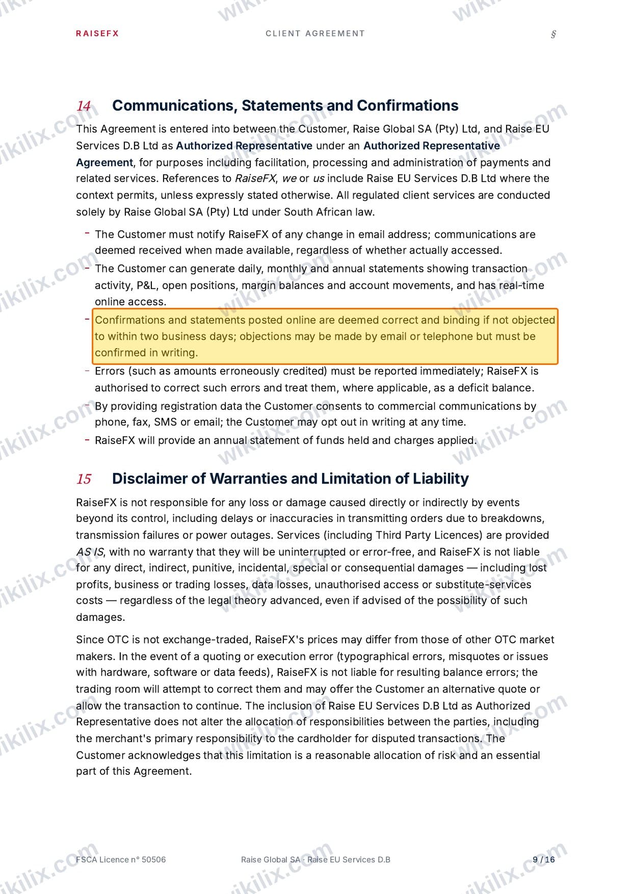 Our full page screenshot of the page this clause sits on, on RaiseFX's site raisefx.com, taken on Aug 24, 2026. The quoted words are marked in the image.