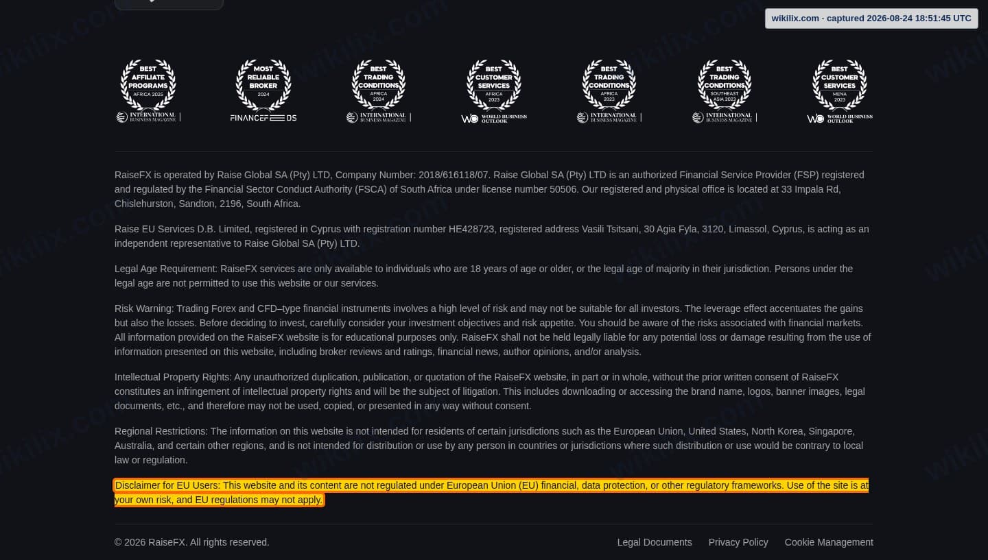 Our full page screenshot of the page that makes this promise, on RaiseFX's site raisefx.com, taken on Aug 24, 2026. The quoted words are marked in the image.