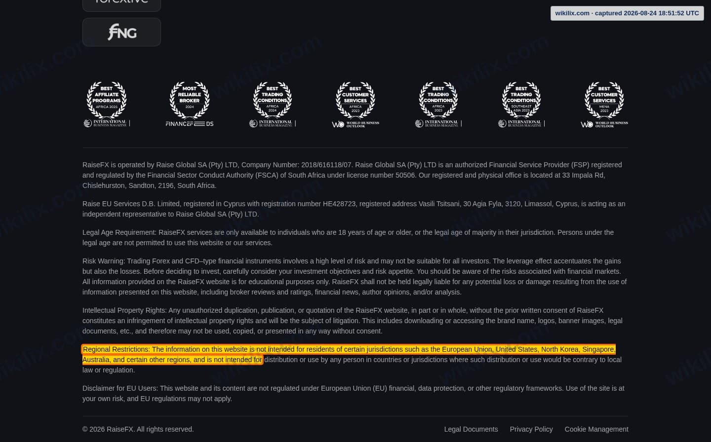 Our full page screenshot of the page that makes this promise, on RaiseFX's site raisefx.com, taken on Aug 24, 2026. The quoted words are marked in the image.