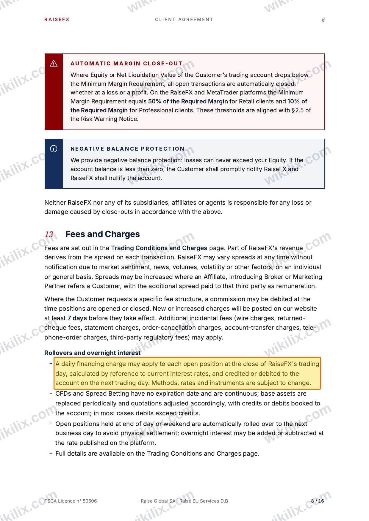 Our full page screenshot of the page this clause sits on, on RaiseFX's site raisefx.com, taken on Aug 24, 2026. The quoted words are marked in the image.