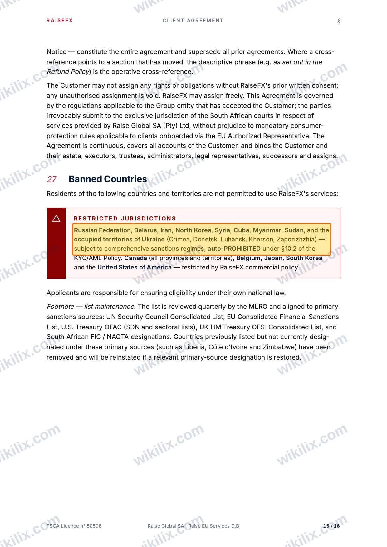 Our full page screenshot of the page this clause sits on, on RaiseFX's site raisefx.com, taken on Aug 24, 2026. The quoted words are marked in the image.