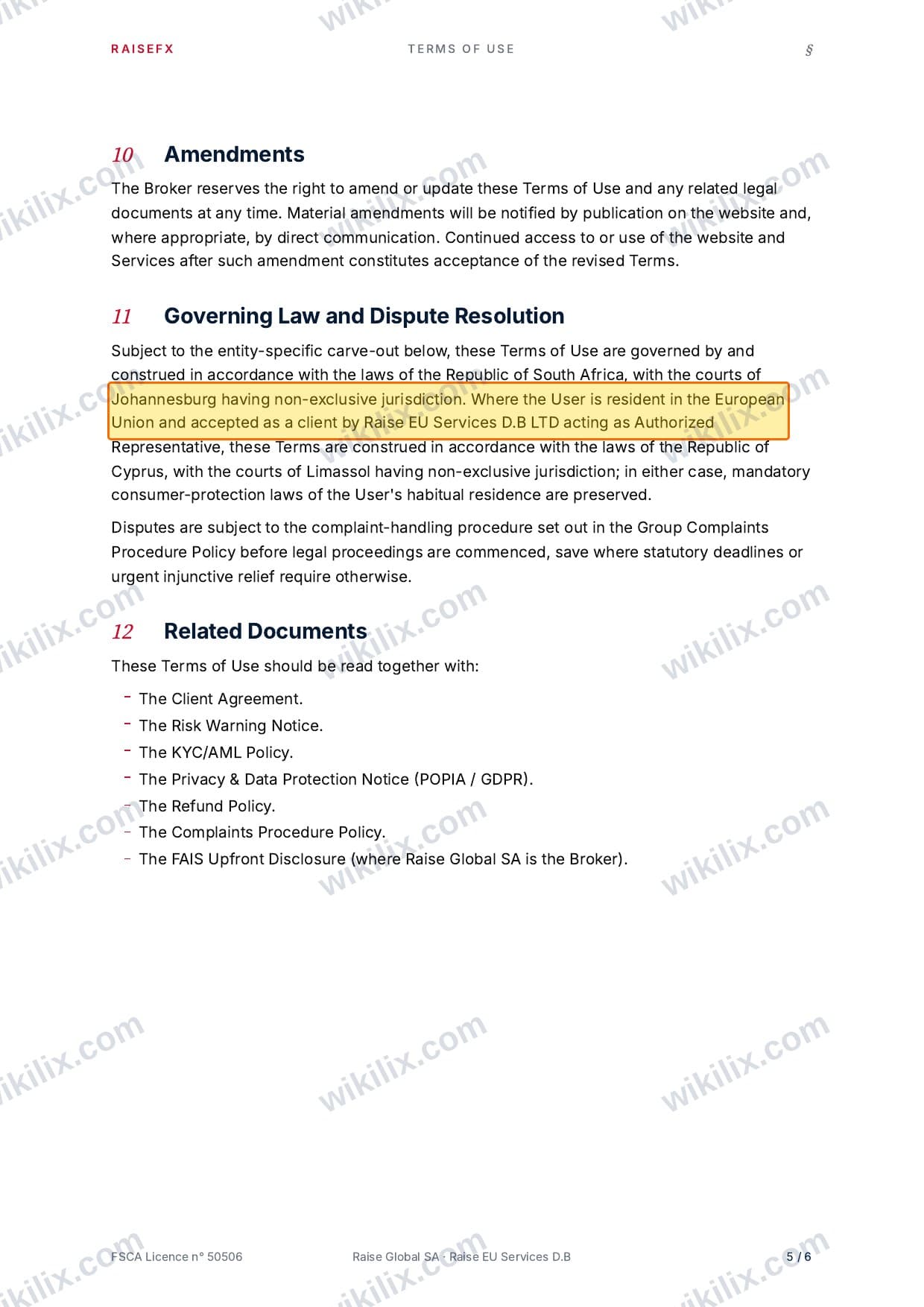 Our full page screenshot of the page this clause sits on, on RaiseFX's site raisefx.com, taken on Aug 24, 2026. The quoted words are marked in the image.