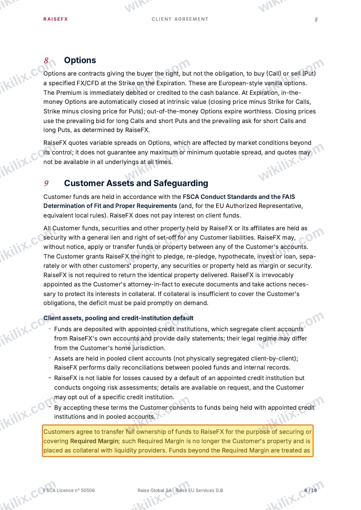 Our full page screenshot of the page this clause sits on, on RaiseFX's site raisefx.com, taken on Aug 24, 2026. The quoted words are marked in the image.
