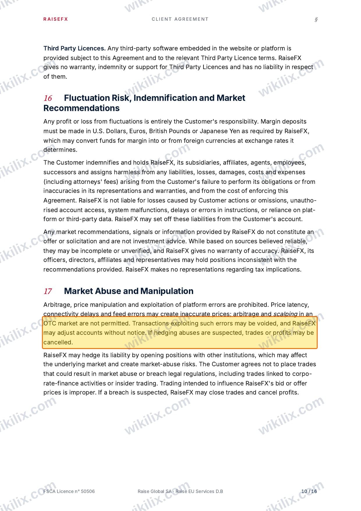 Our full page screenshot of the page this clause sits on, on RaiseFX's site raisefx.com, taken on Aug 24, 2026. The quoted words are marked in the image.