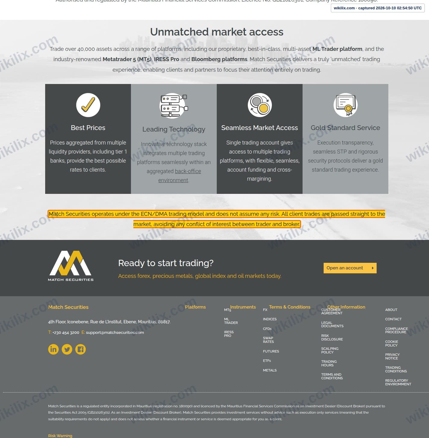 Our full page screenshot of the page that makes this promise, on Match Securities's site matchsecurities.com, taken on Oct 10, 2026. The quoted words are marked in the image.