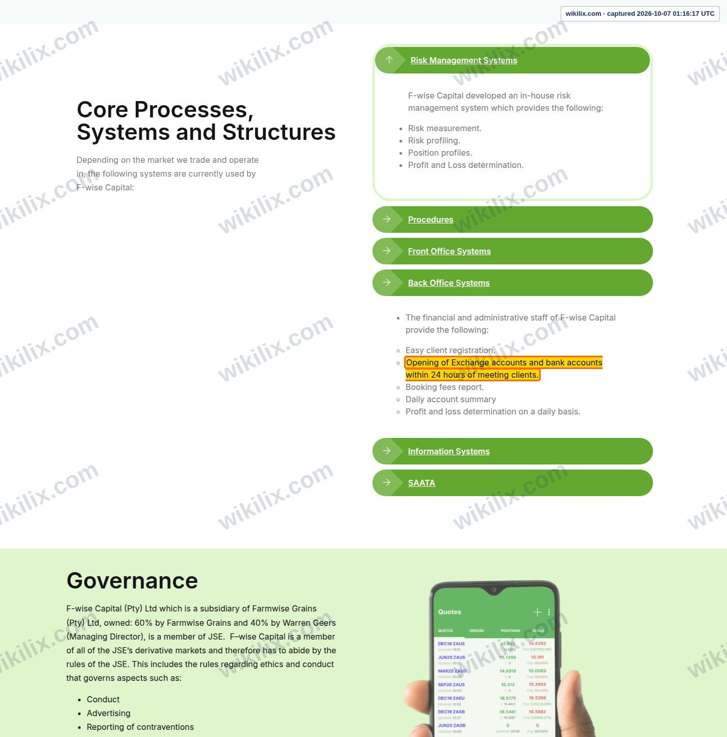Our full page screenshot of the page that makes this promise, on F-wise Capital's site fwise.co.za, taken on Oct 7, 2026. The quoted words are marked in the image.