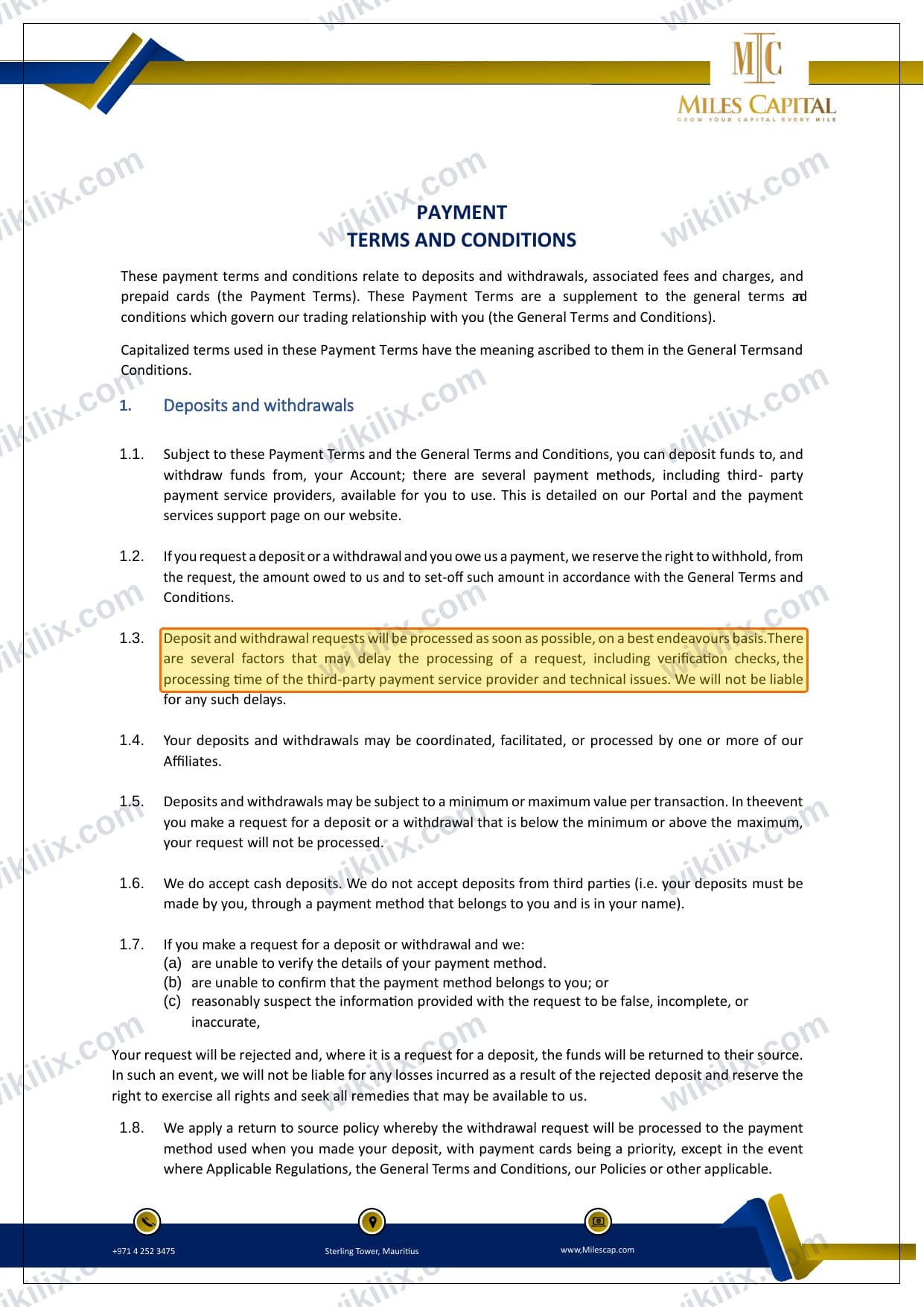 Our full page screenshot of the page this clause sits on, on MILES CAPITAL's site web.archive.org, taken on Sep 21, 2026. The quoted words are marked in the image.