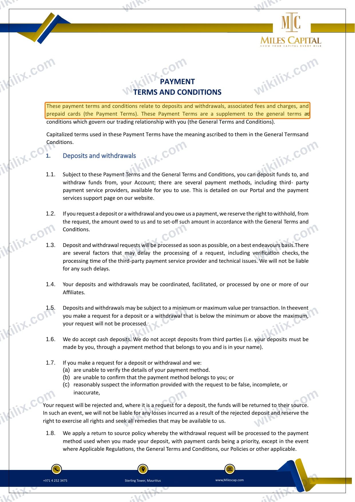 Our full page screenshot of the page this clause sits on, on MILES CAPITAL's site web.archive.org, taken on Sep 21, 2026. The quoted words are marked in the image.