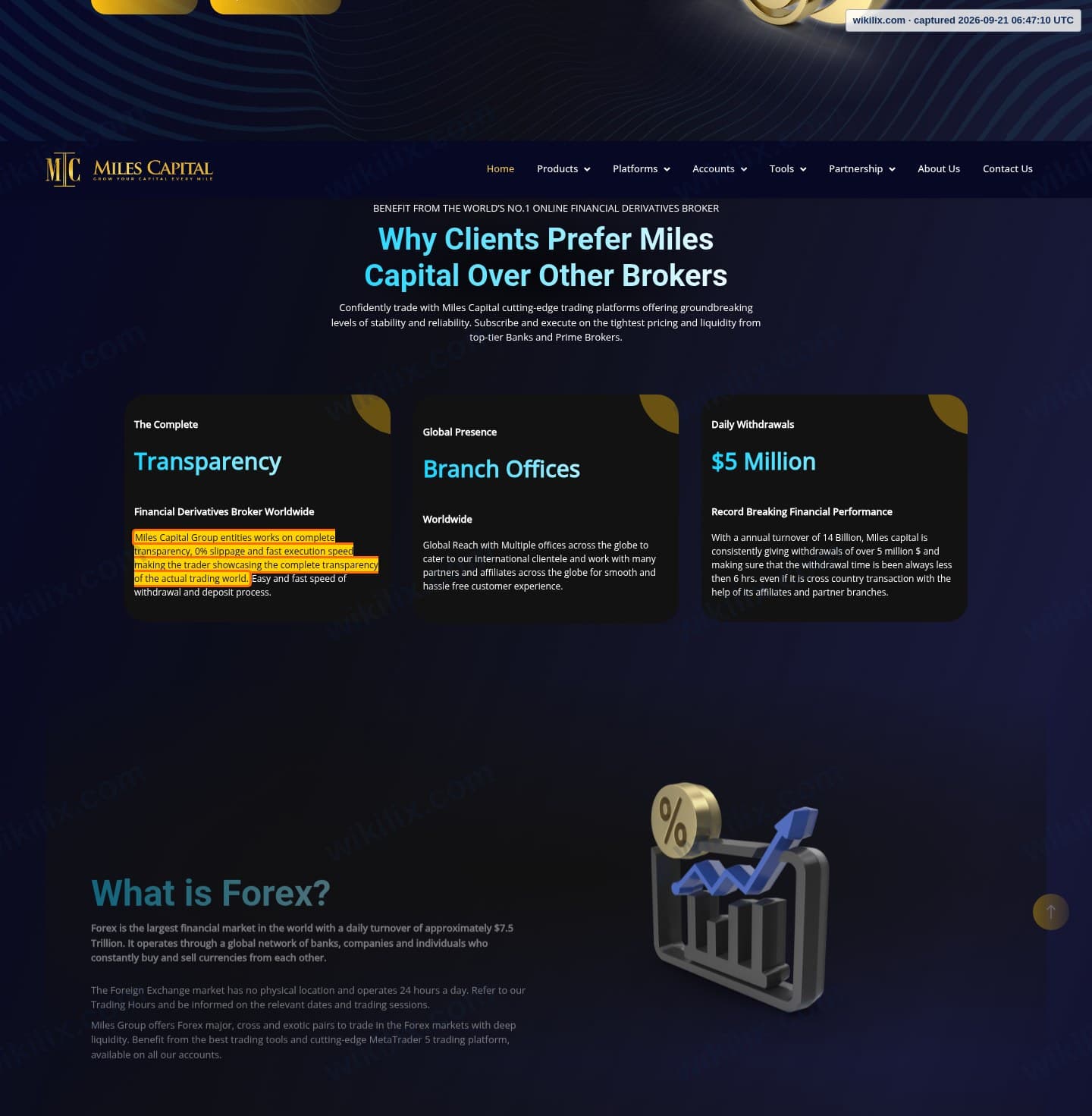 Our full page screenshot of the page that makes this promise, on MILES CAPITAL's site milescap.com, taken on Sep 21, 2026. The quoted words are marked in the image.