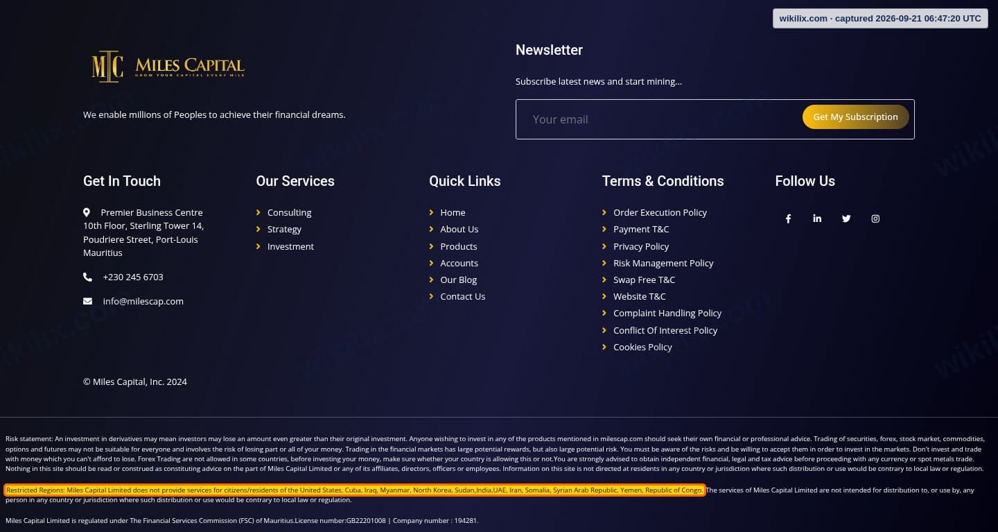 Our full page screenshot of the page that makes this promise, on MILES CAPITAL's site milescap.com, taken on Sep 21, 2026. The quoted words are marked in the image.