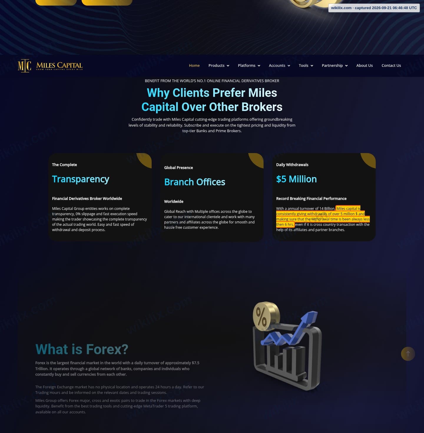 Our full page screenshot of the page that makes this promise, on MILES CAPITAL's site milescap.com, taken on Sep 21, 2026. The quoted words are marked in the image.