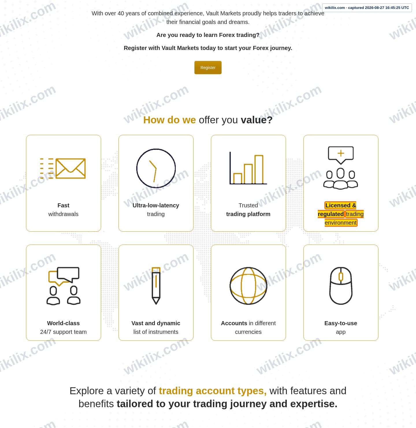 Our full page screenshot of the page that makes this promise, on VAULT MARKETS's site vaultmarkets.trade, taken on Aug 27, 2026. The quoted words are marked in the image.