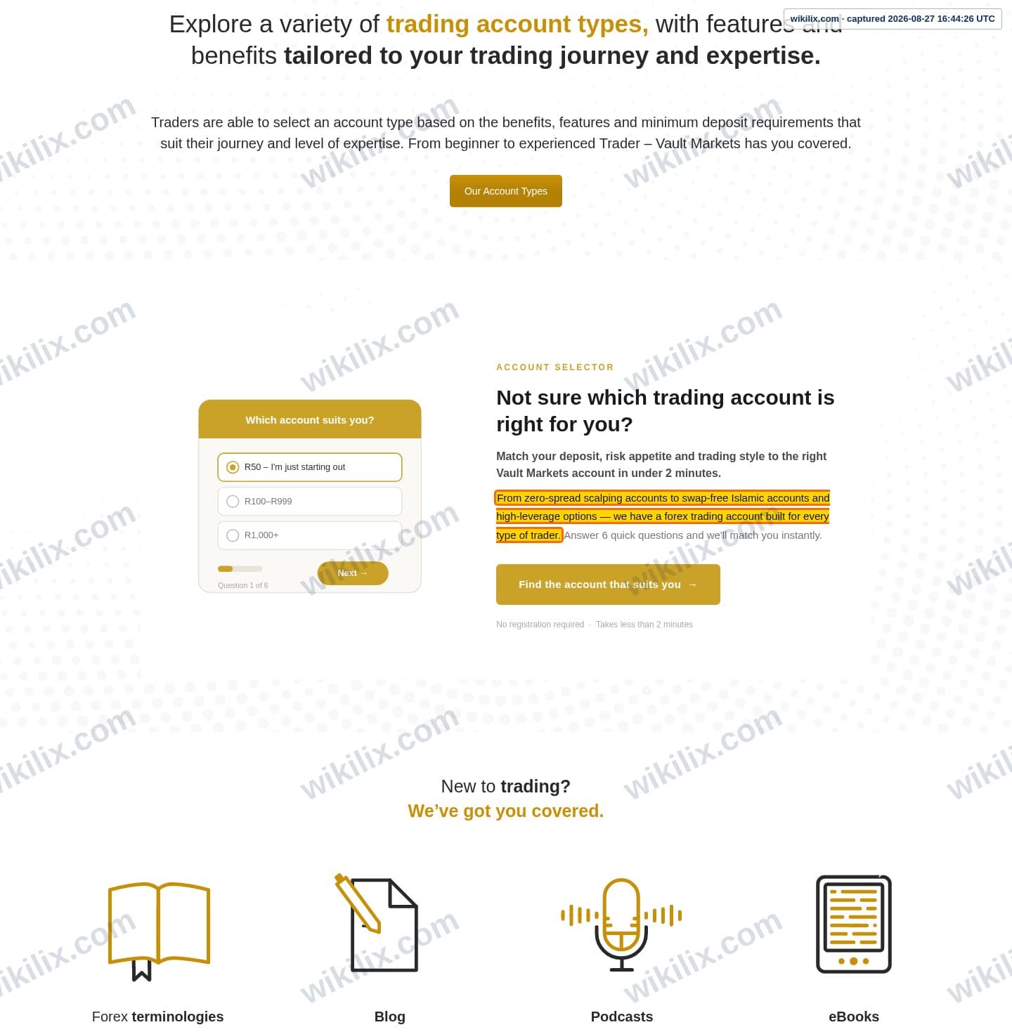 Our full page screenshot of the page that makes this promise, on VAULT MARKETS's site vaultmarkets.trade, taken on Aug 27, 2026. The quoted words are marked in the image.