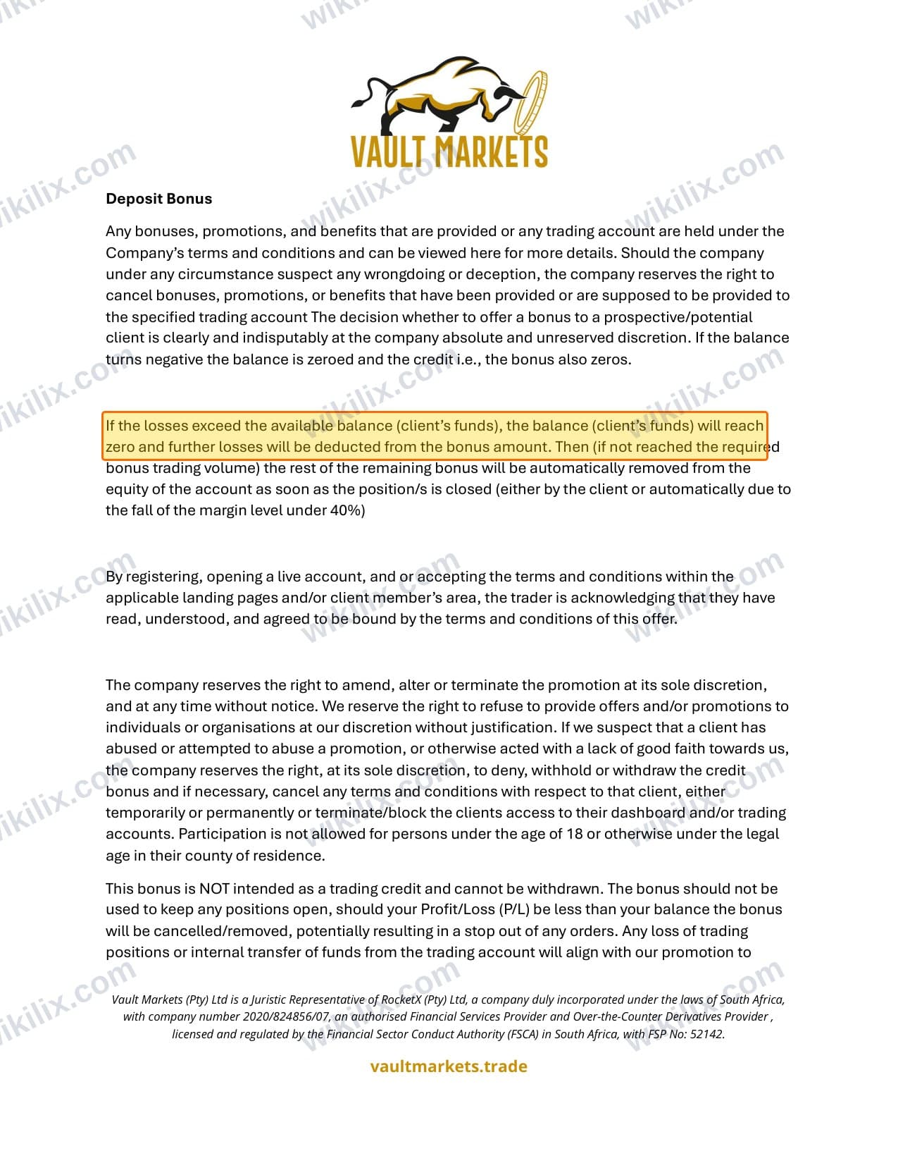 Our full page screenshot of the page this clause sits on, on VAULT MARKETS's site vaultmarkets.trade, taken on Aug 27, 2026. The quoted words are marked in the image.