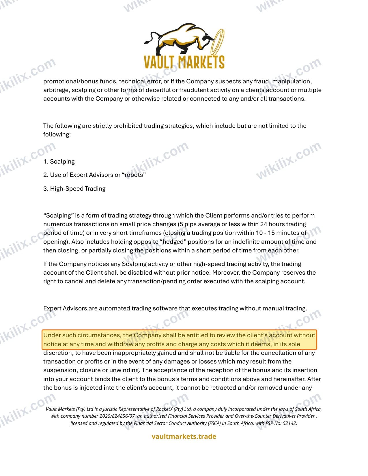 Our full page screenshot of the page this clause sits on, on VAULT MARKETS's site vaultmarkets.trade, taken on Aug 27, 2026. The quoted words are marked in the image.