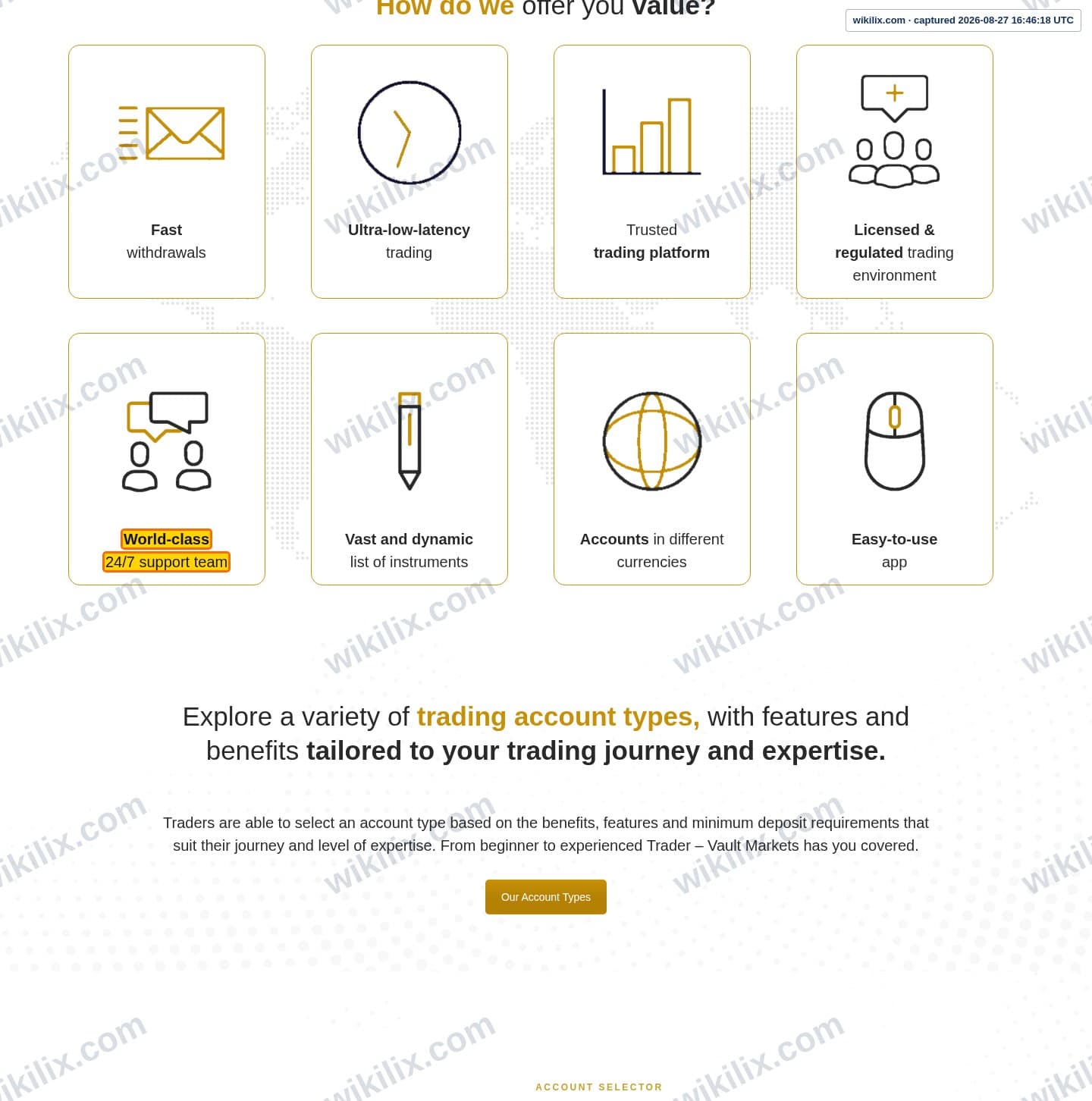Our full page screenshot of the page that makes this promise, on VAULT MARKETS's site vaultmarkets.trade, taken on Aug 27, 2026. The quoted words are marked in the image.
