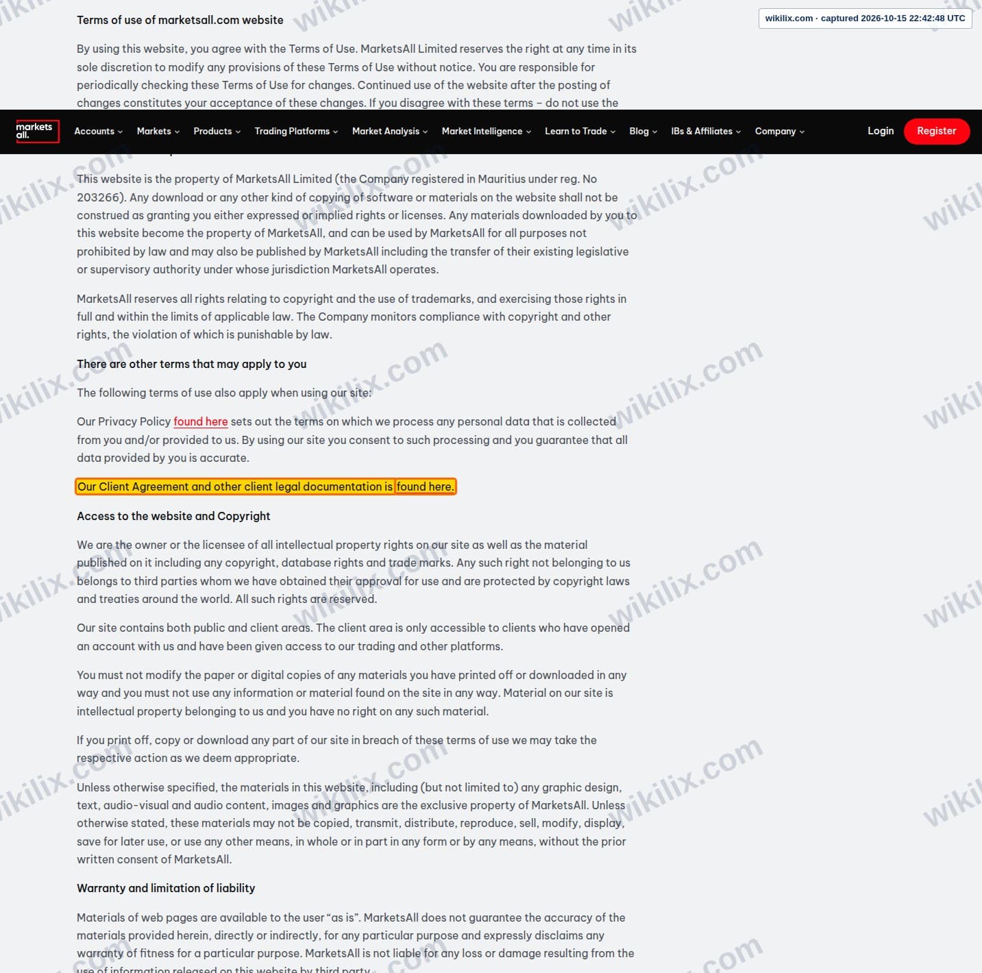 Our full page screenshot of the page this clause sits on, on Marketsall's site marketsall.com, taken on Oct 15, 2026. The quoted words are marked in the image.