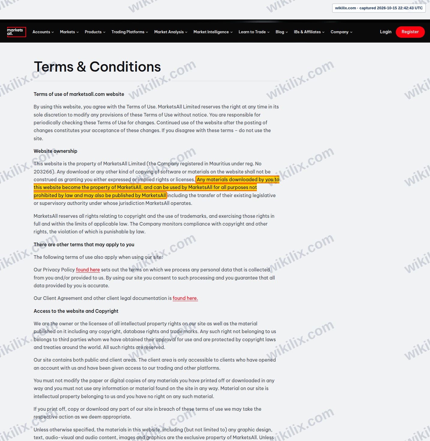 Our full page screenshot of the page this clause sits on, on Marketsall's site marketsall.com, taken on Oct 15, 2026. The quoted words are marked in the image.